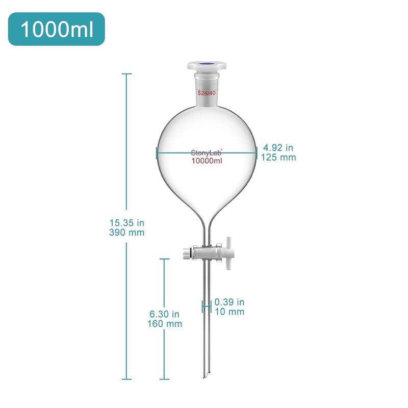 stonylab 1000 mL Separatory Funnel with with 24/40 Joint & PTFE Stopcock, Borosilicate 3.3 Glass, Spherical Design for Liquid Extraction & Solvent Separation, Includes Plastic Stopper (1-Pack) - Image 2